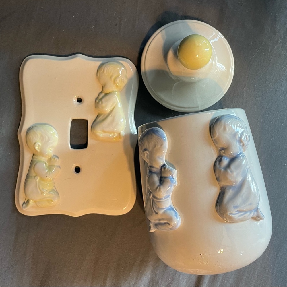 Vintage Children Light Switch Plate Cover and covered container praying children